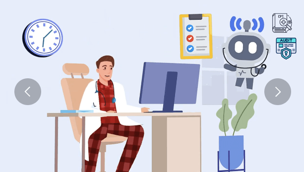 Medical office scene with doctor, patient, and AI assistant showing EMMA filling out forms and improving paperwork efficiency