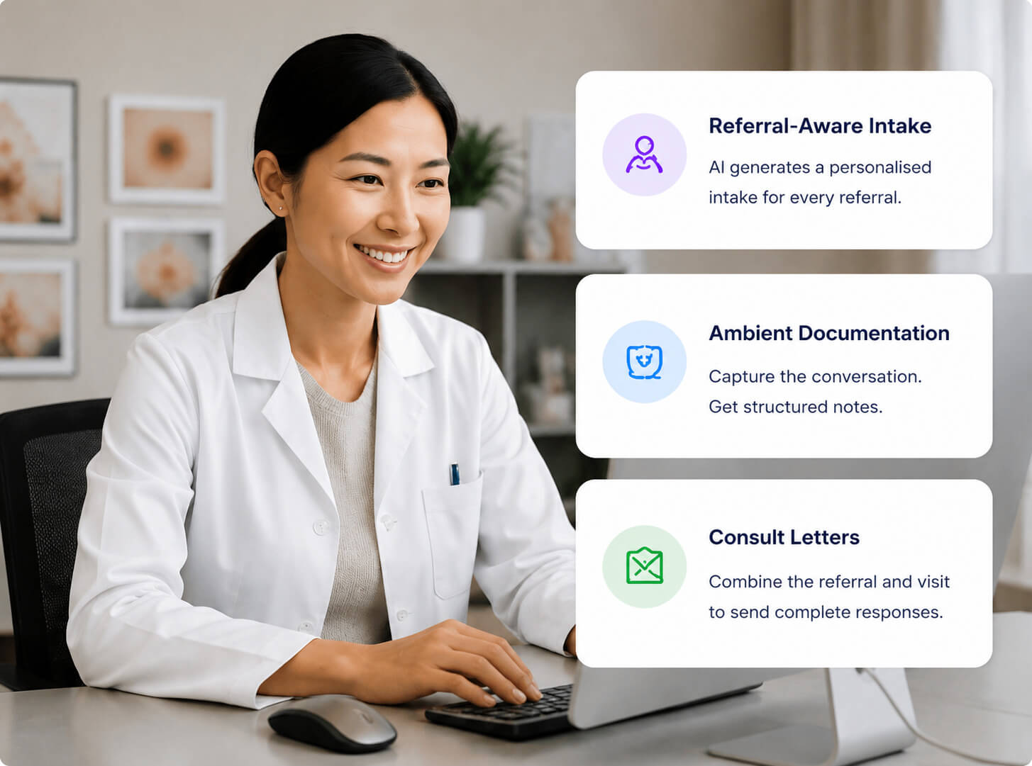 Dermatologist reviewing a patient visit, with Referral-Aware Intake, Ambient Documentation, and Consult Letters callouts