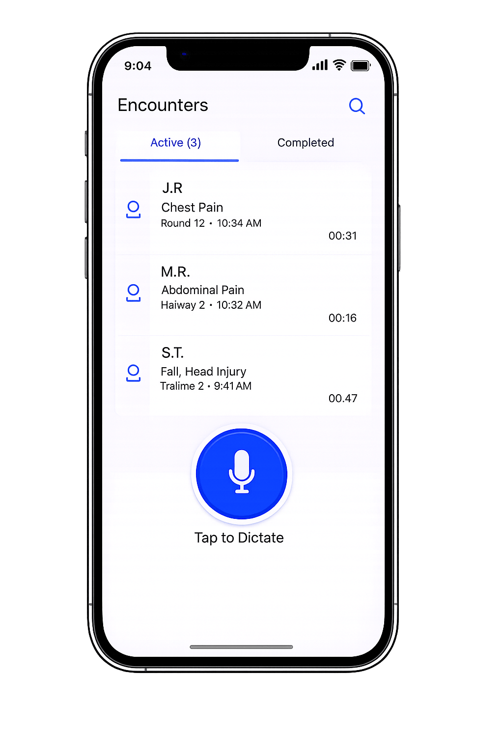 Empathia mobile app showing active ED encounters and a tap-to-dictate button