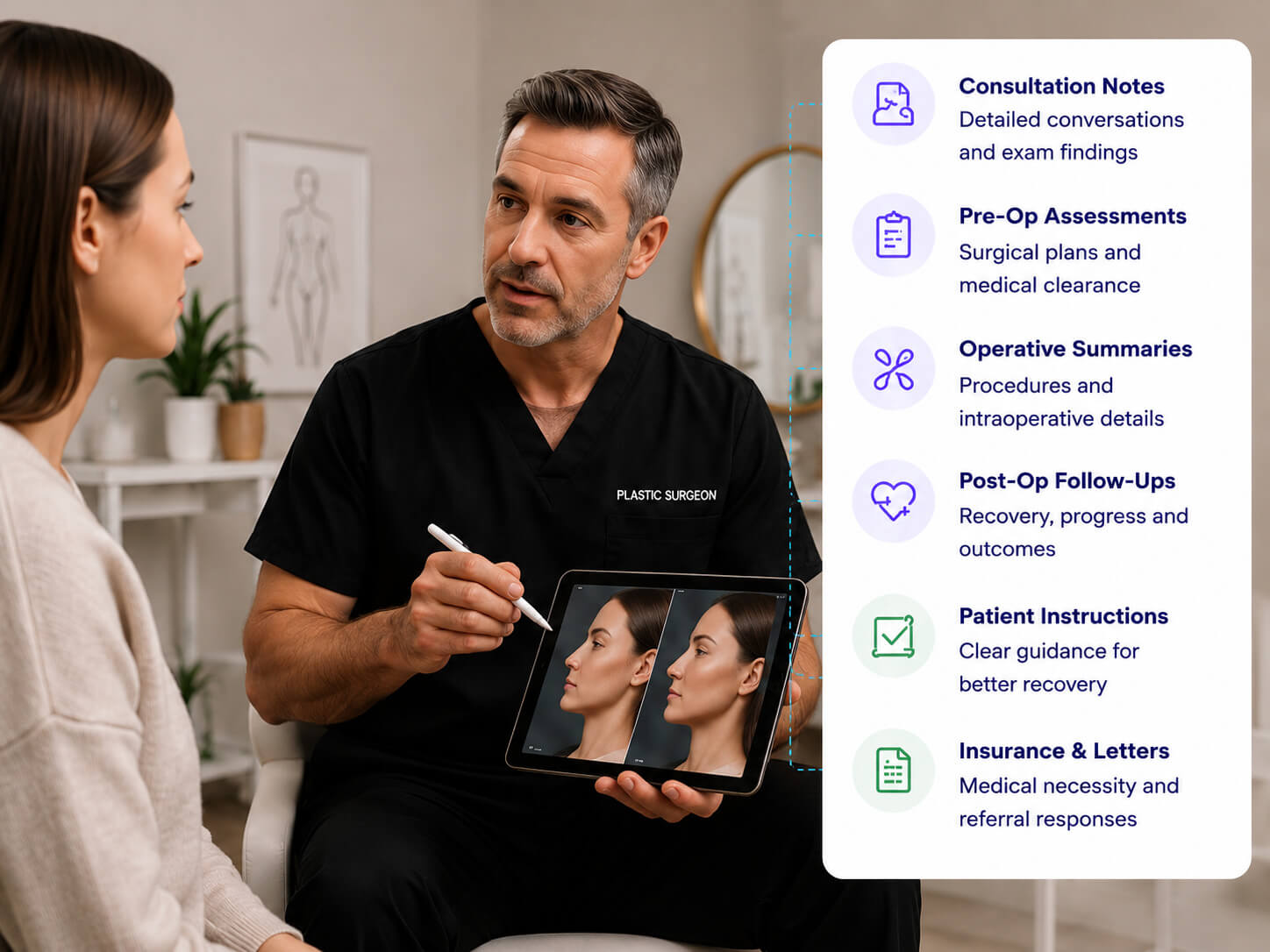Plastic surgeon reviewing procedure options with a patient, with Consultation Notes, Pre-Op Assessments, Operative Summaries, Post-Op Follow-Ups, Patient Instructions, and Insurance & Letters callouts